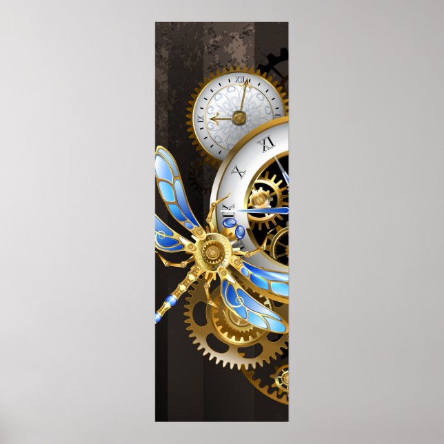 Poster Relógio Steampunk com Dragonfly Mecânica (Frente)
