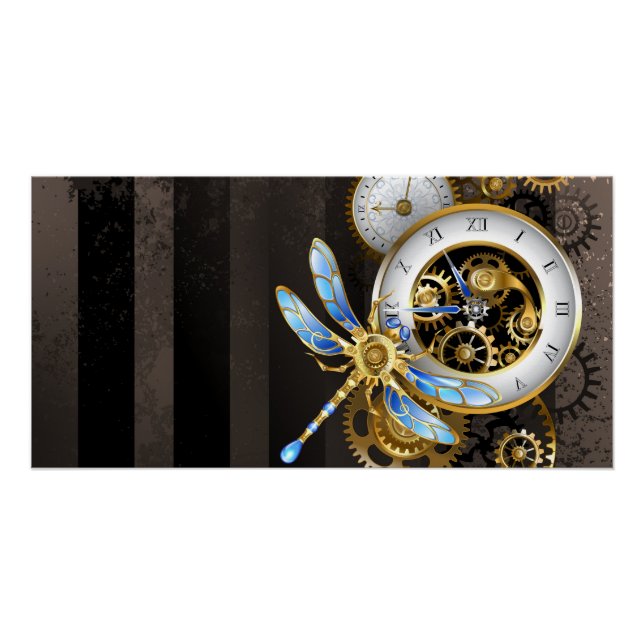 Póster Relógio Steampunk com Libélula Mecânica (Frente)