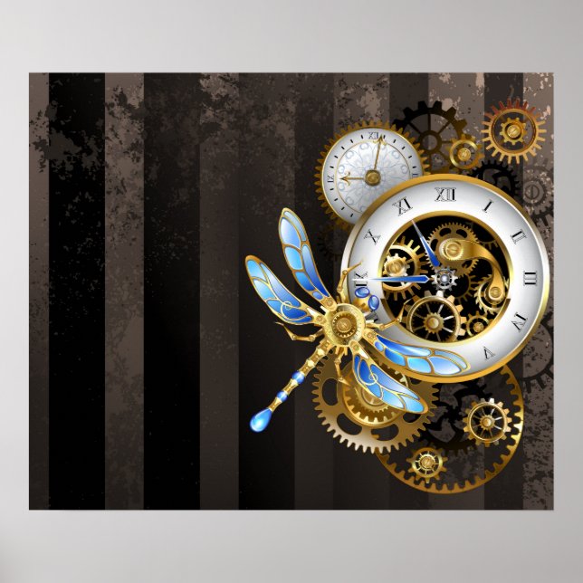 Poster Relógio Steampunk com Libélula Mecânica (Frente)