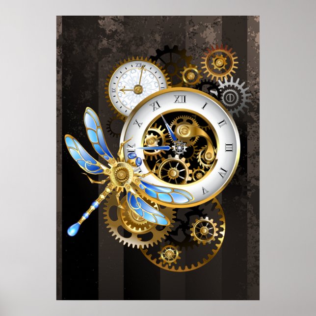 Poster Relógio Steampunk com Libélula Mecânica (Frente)