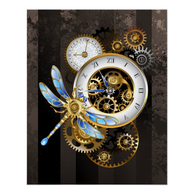 Póster Relógio Steampunk com Libélula Mecânica (Frente)