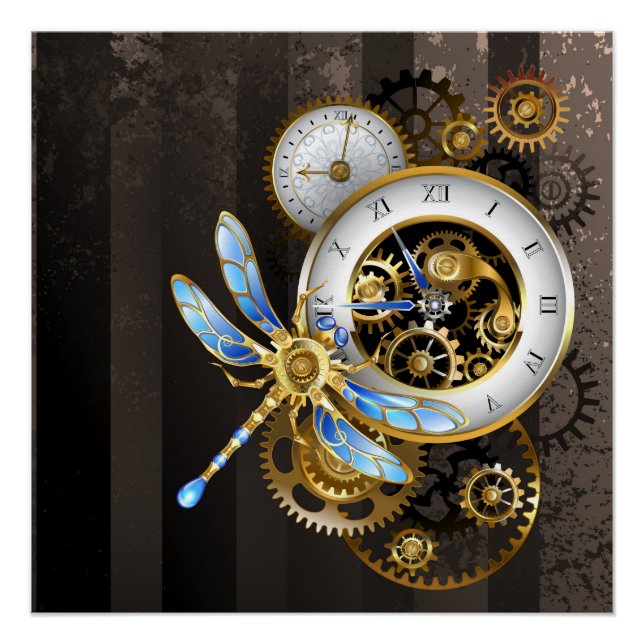 Póster Relógio Steampunk com Libélula Mecânica (Frente)