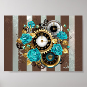 Poster Relógio Steampunk e Rosas Turquesa em Listras