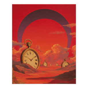 Póster Relógio Surrealista do Deserto Vermelho Arte Paisa