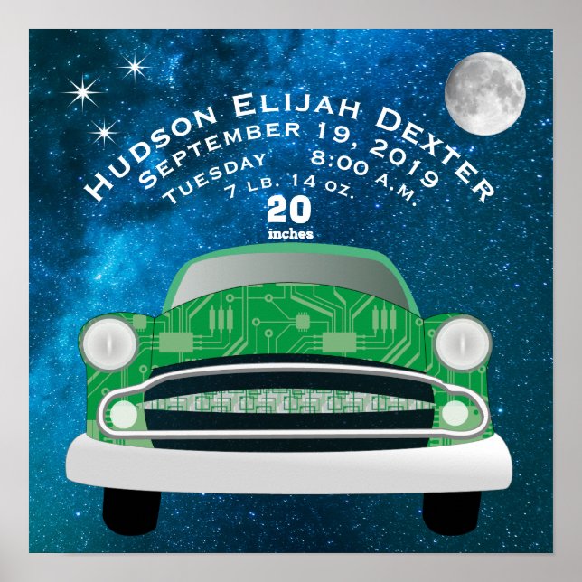 Poster Relógio Verde Carro Bebê Meninos Nascimento Histór (Frente)