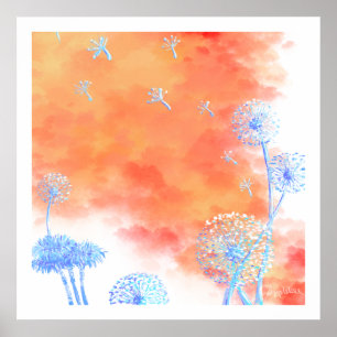 Poster Relógios de dandelion contra as nuvens de laranja
