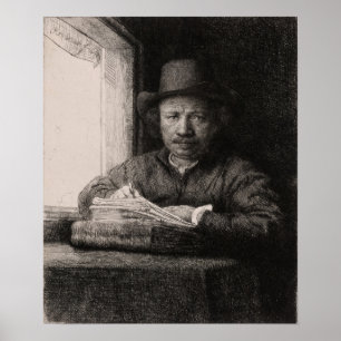Poster Rembrandt - Desenho autorretrato na janela
