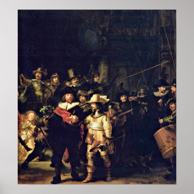Póster Rembrandt van Rijn - O Detalhe do Relógio à Noite (Frente)