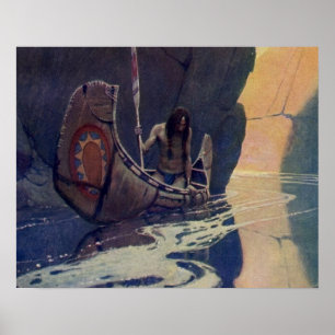 Póster Remo de Canoa Indígena Vintage ao Sol Clássico