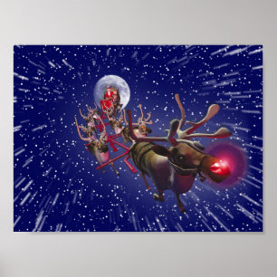 Póster Rena cheirada vermelha de Papai Noel do vôo