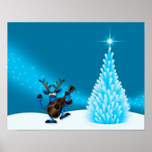Póster Rena Dançando Guitarra Árvore de Natal Azul Feliz
