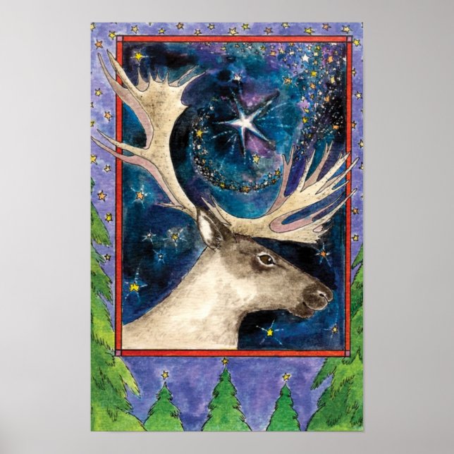 Póster Rena de Natal à Noite com uma Estrela Brilhante (Frente)