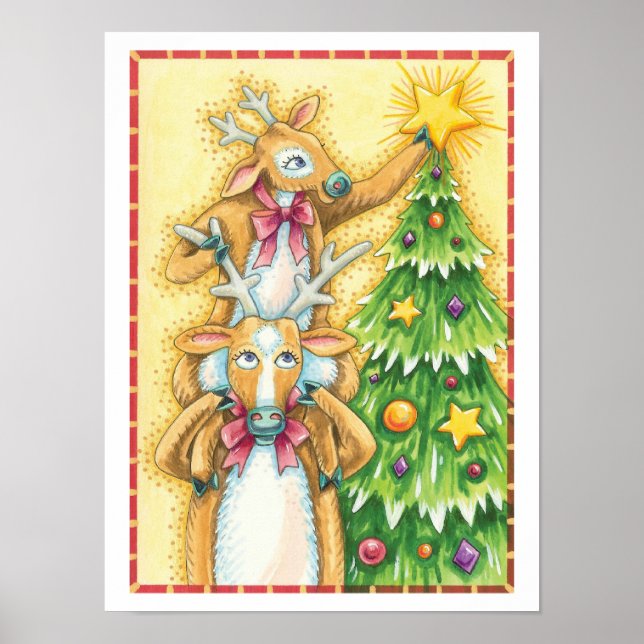 Poster Rena de Natal Fofa Com Estrela de Árvore de Natal (Frente)