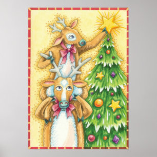 Poster Rena de Natal Fofa Com Estrela de Árvore de Natal