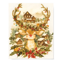 Rena de Natal Fofo Aquarela Vintage 