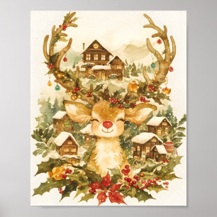 Poster Rena de Natal Fofo Aquarela Vintage