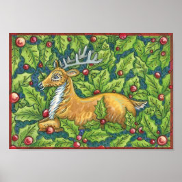 Póster Rena de Natal Fofo na Floresta com Azevinho