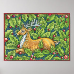 Póster Rena de Natal Fofo na Floresta com Azevinho