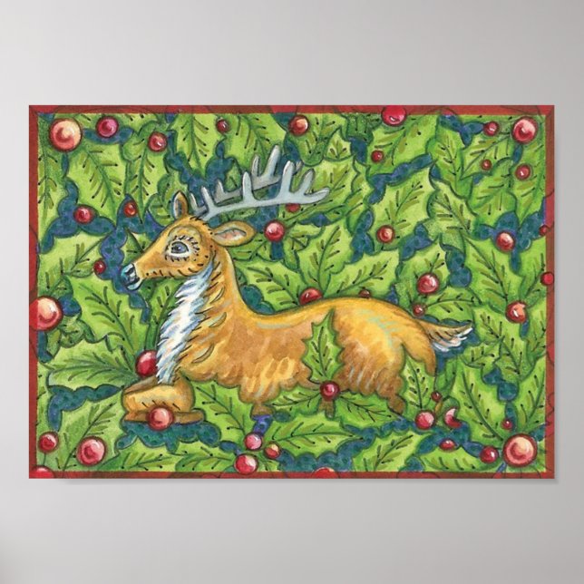 Póster Rena de Natal Fofo na Floresta com Azevinho (Frente)
