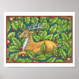 Póster Rena de Natal Fofo na Floresta com Azevinho