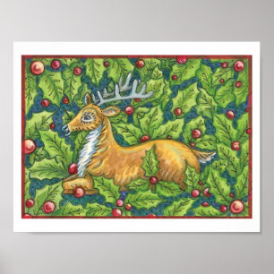Póster Rena de Natal Fofo na Floresta com Azevinho