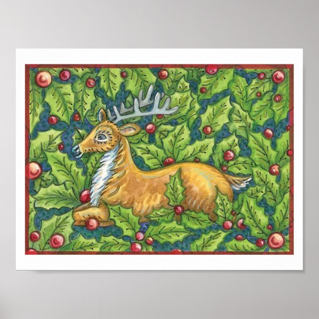 Póster Rena de Natal Fofo na Floresta com Azevinho (Frente)