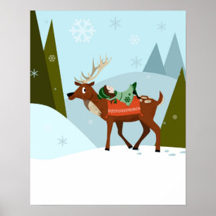 Poster rena e elfo de Natal nos topos de montanhas nevada