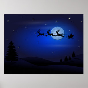 Póster Rena e trenó de Papai Noel sobre a lua
