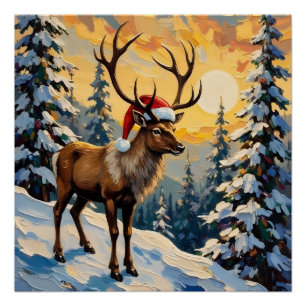 Póster Rena vintage com chapéu de Papai Noel na floresta