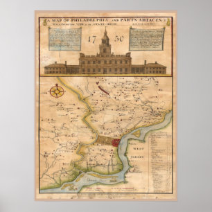 Póster Réplica 1750 do mapa de Philadelphfia