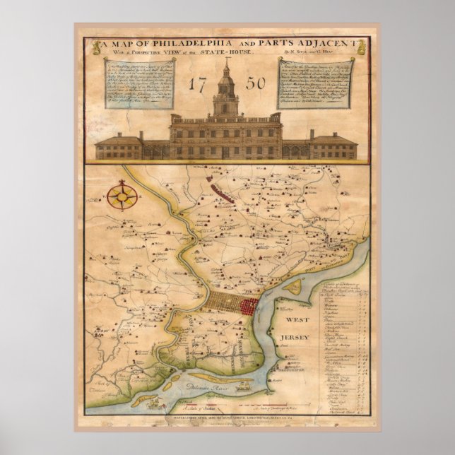 Póster réplica do mapa filadélfia 1750 (Frente)