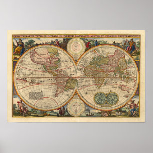 Poster Reprodução 1670 do mapa do mundo de Visscher