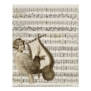 Póster Reproduzindo Vintage Harp Music 304