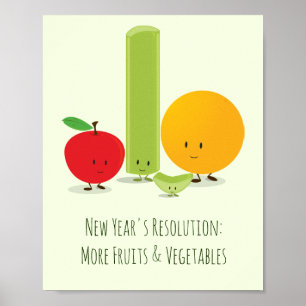 Poster Resolução de Ano Novo Comendo Frutas Saudáveis 