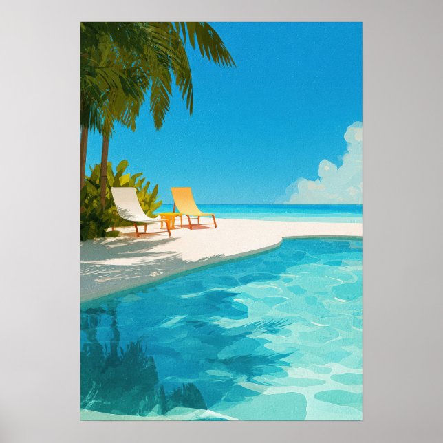 Poster Resort de praia tropical com piscina e espreguiçad (Frente)