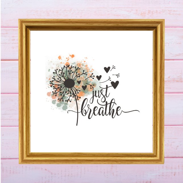 Poster Respire Dandelion com Ioga do Coração (Just Breathe Dandelion Blowing in Wind Yoga Meditation Self Care Watercolor Wall Art Digital or Prin)