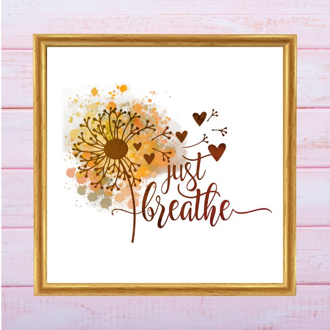 Poster Respire Dandelion Hearts Encorajando Yoga (Just Breathe Dandelion Blowing in Wind Watercolor Wall Art. Digital or Printed. Yoga Meditation )