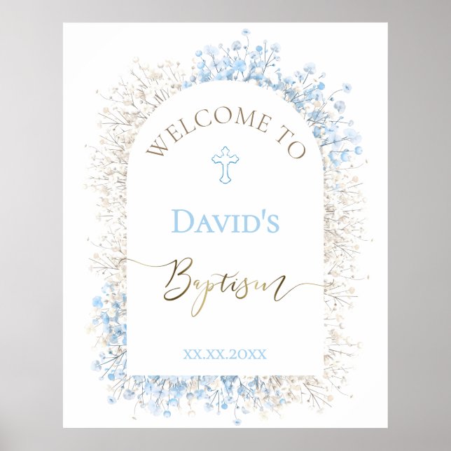 Poster Respiro de Bebê branco azul Bem-vindo ao Batismo  (Frente)