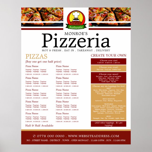 Poster Restaurante de Pizza, Menu da Pizzaria (Frente)