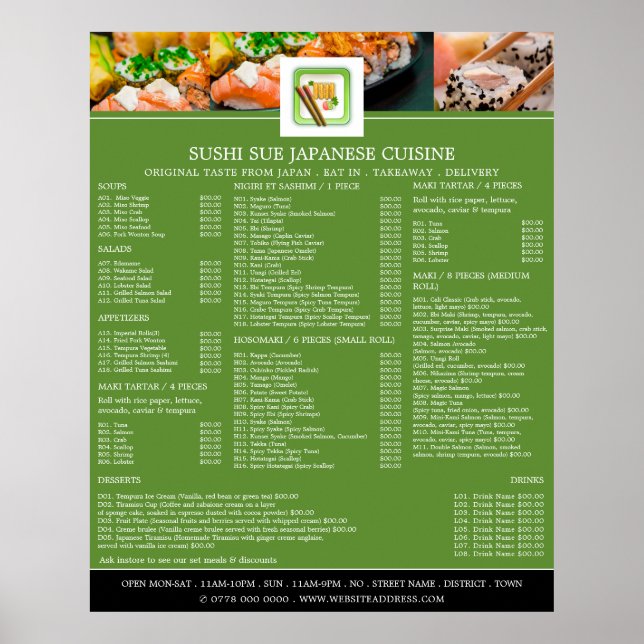 Poster Restaurante Japonês, Menu de Sushi (Frente)
