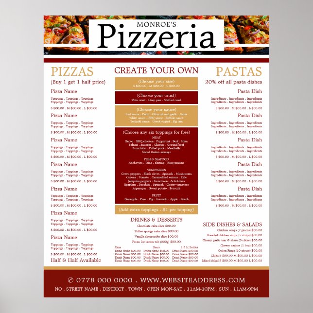 Poster Restaurante Pizza, Menu Pizzeria (Frente)