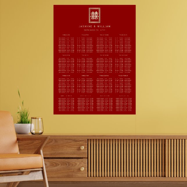 Poster Retângulo Dourado 囍 Carta de Assentos de Casamento (Sala de Estar 2)