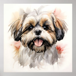 Poster Retrato a Tinta de Cachorrinho Shih-tzu Feliz