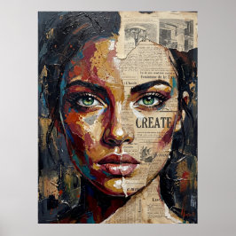 Poster Retrato Abstrato de Mulher em Mídia Mista Paleta d