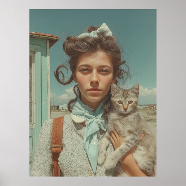 Poster Retrato Antigo de Menina Segurando Gatinho (Frente)