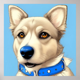 Poster Retrato aproximado de um cão usando uma coleira az
