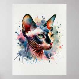 Poster Retrato Artístico De Gato Esfingx Por Aquarela