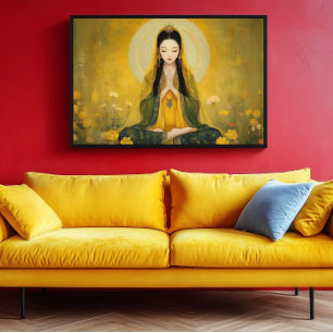 Poster Retrato Artístico Dourado da Deusa Budista Tara Am