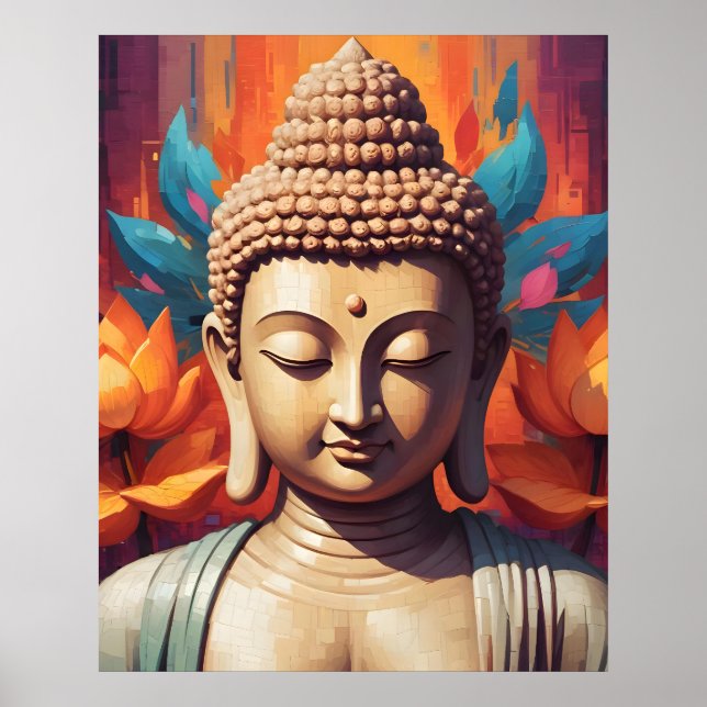 Poster Retrato Buda Meditante | Pixel Art (Frente)