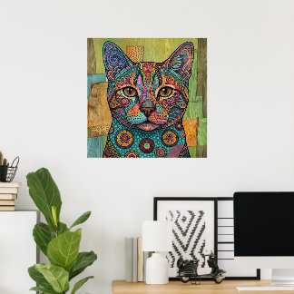 Poster Retrato Colorido de Gato em Mandala Arte Vibrante 